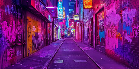 Fototapeta premium Colorful Neon Graffiti Alleyway at Night