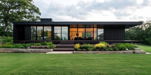 Fototapeta premium Modern sustainable architecture featuring sleek steel beams, blending industrial aesthetics with eco-friendly design.