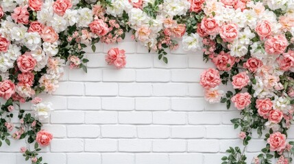 Floral texture backdrop for weddings Blooms on a white brick wall with ample space for text Suitable for wedding or party decor with a stylish floral arrangement