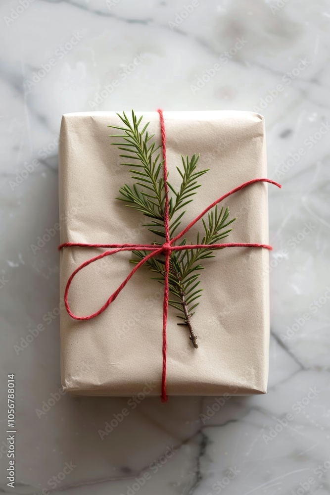 Poster a brown box with a red ribbon and a green pine branch tied to it. the pine branch is a symbol of chr