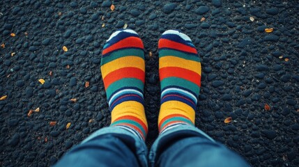 A pair of colorful striped socks on a black pebbled surface