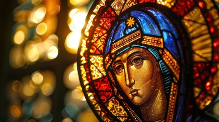 Fototapeta premium Feast of St. Josaphat. Stained glass artwork of a woman's face with intricate patterns
