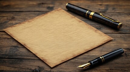 A blank parchment with a fountain pen on a wooden table.