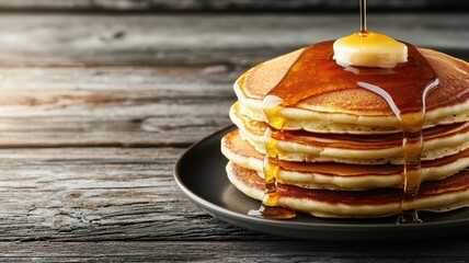 Pouring syrup over fluffy pancakes in a cozy breakfast scene, perfect for adding your own text above.