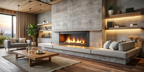 Modern Fireplace with Floating Hearth of Wood and Concrete in a Cozy Living Room Setting for Contemporary Interior Design Inspiration