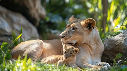 Lioness and Cub Resting Together in Greenery. National Leon Day