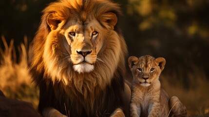 Male Lion and Cub in Warm Evening Light. National Leon Day
