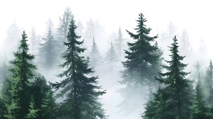 Obraz premium Watercolor Forest with Pine Trees in a Foggy Atmosphere, Isolated on White Background, Ideal for Clip Art and Nature-Themed Designs in a Soft, Natural Style