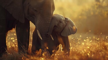 A heartwarming scene of a mother elephant and her calf bonding in the golden light of sunset in the African savanna.