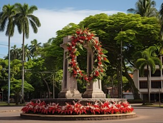 Hawaiian Floral Monument Amidst Tropical Landscape. French Guiana Armistice Day