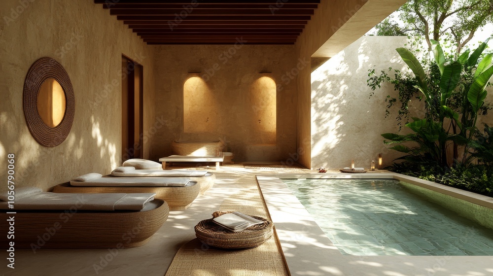 Aufkleber a pool area with a large mirror and a few lounge chairs. the pool is surrounded by a lush green area
