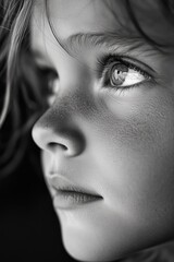 Close-Up of a Thoughtful Young Child in Black and White
