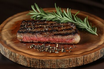 Perfectly Grilled Medium-Rare Steak Slice with Char Marks and Rosemary Garnish on a Wooden Platter This Image Showcases the Intense Texture and Deliciousness of a Well-Cooked Steak