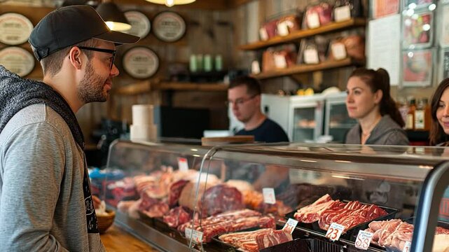 This customer engages with workers while exploring a variety of meats available for purchase.