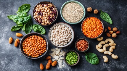 Varieties of plant based protein sources Beans nuts and other healthy ingredients are showcased
