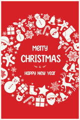 Minimalist Christmas greeting card with decorations in retro style. Santa Claus, tree, reindeer, present and snowflake icons. Vector illustration