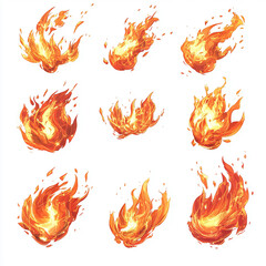 Realistic fiery flame illustrations set on white background