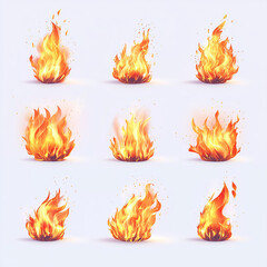 Realistic fiery flame illustrations set on white background
