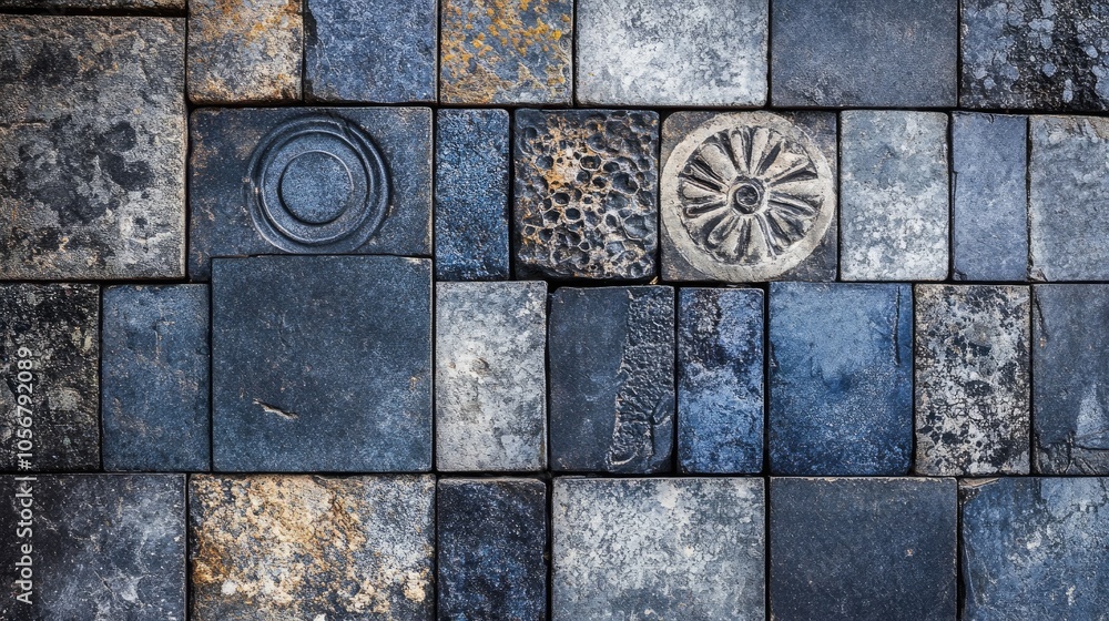 Poster vintage patchwork mosaic tiles featuring an anthracite blue and gray color scheme showcasing a textu