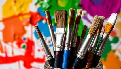 Fototapeta premium Paintbrushes in a Jar with Colorful Background,
