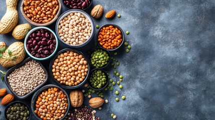 Varieties of plant based protein sources Beans nuts and other healthy ingredients are showcased