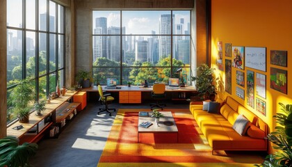 Productive Remote Work Setup Colorful Co-working Space with City View, Inspiring Home Office Decor, Motivated Freelancer Planning Tasks, Casual Work Atmosphere, Comfortable Desk and Chair, Bright and