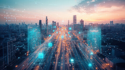 Fototapeta premium Human-machine hybrid city, where AI interfaces and human beings live in harmony