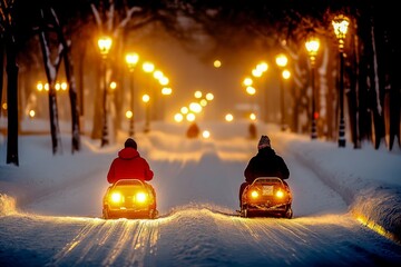  Dos personas manejan motos de nieve por una alameda nevada, iluminada por luces cálidas de farolas en la tarde. La escena crea una atmósfera acogedora y misteriosa. 