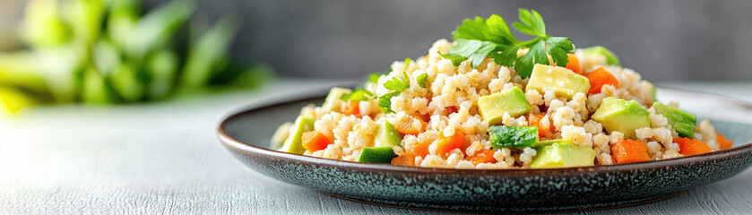Delicious and colorful grain salad topped with fresh herbs, served on a stylish black plate, perfect for healthy eating and meal prep ideas.