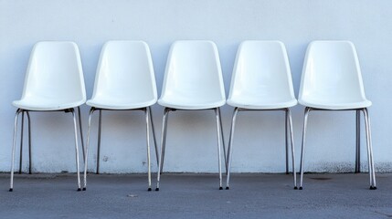 Five white chairs made of plastic and metal arranged in a row