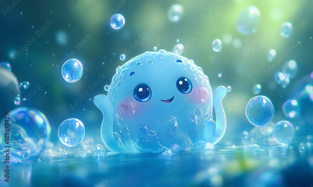 Poster a cheerful bubble character surrounded by soft blue bubbles, creating a whimsical and uplifting unde