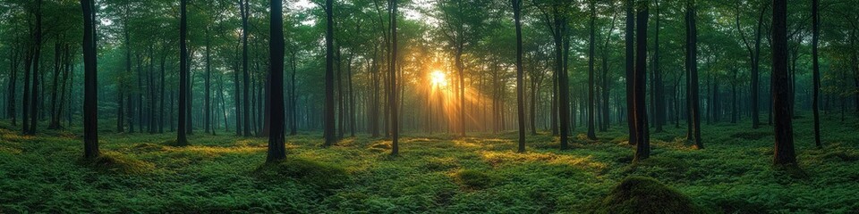 Naklejka premium Serene forest scene with sunlight filtering through trees.