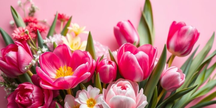 Beautiful pink peony flowering tulips on pink background with holiday greeting card and bouquet of flowers, colorful, pink