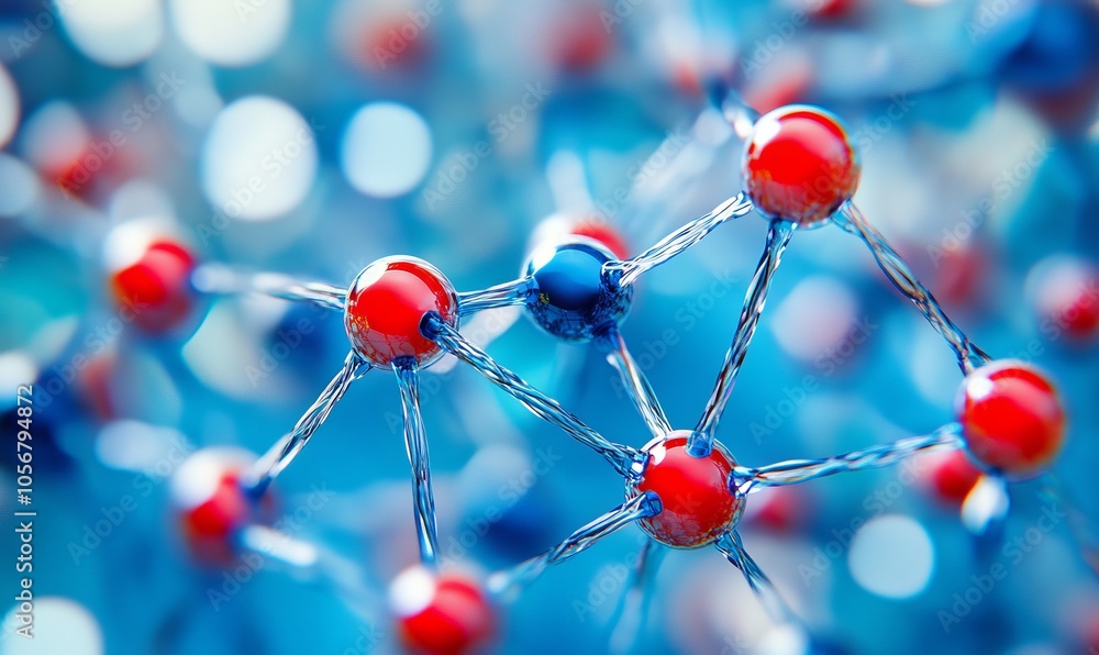 Poster abstract art of interconnected nodes and lines representing molecular structures, showcasing blend o
