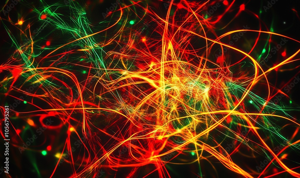 Poster abstract digital artwork featuring vibrant red and green light strands against a dark background, cr