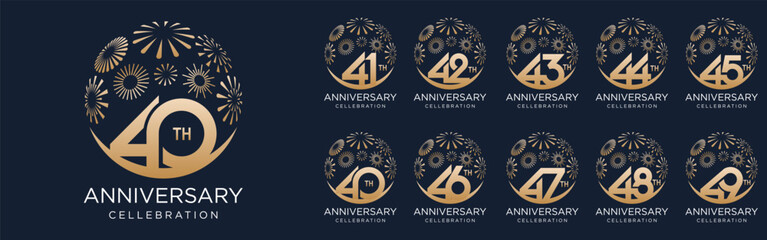 set of 40 to 49th anniversary logotype design, with golden fireworks for celebration event, wedding, and birthday, vector illustration