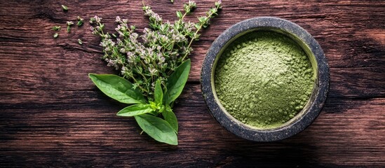 Fresh Herbs Powder In The Mortar On Wood Background Alternative Medicine
