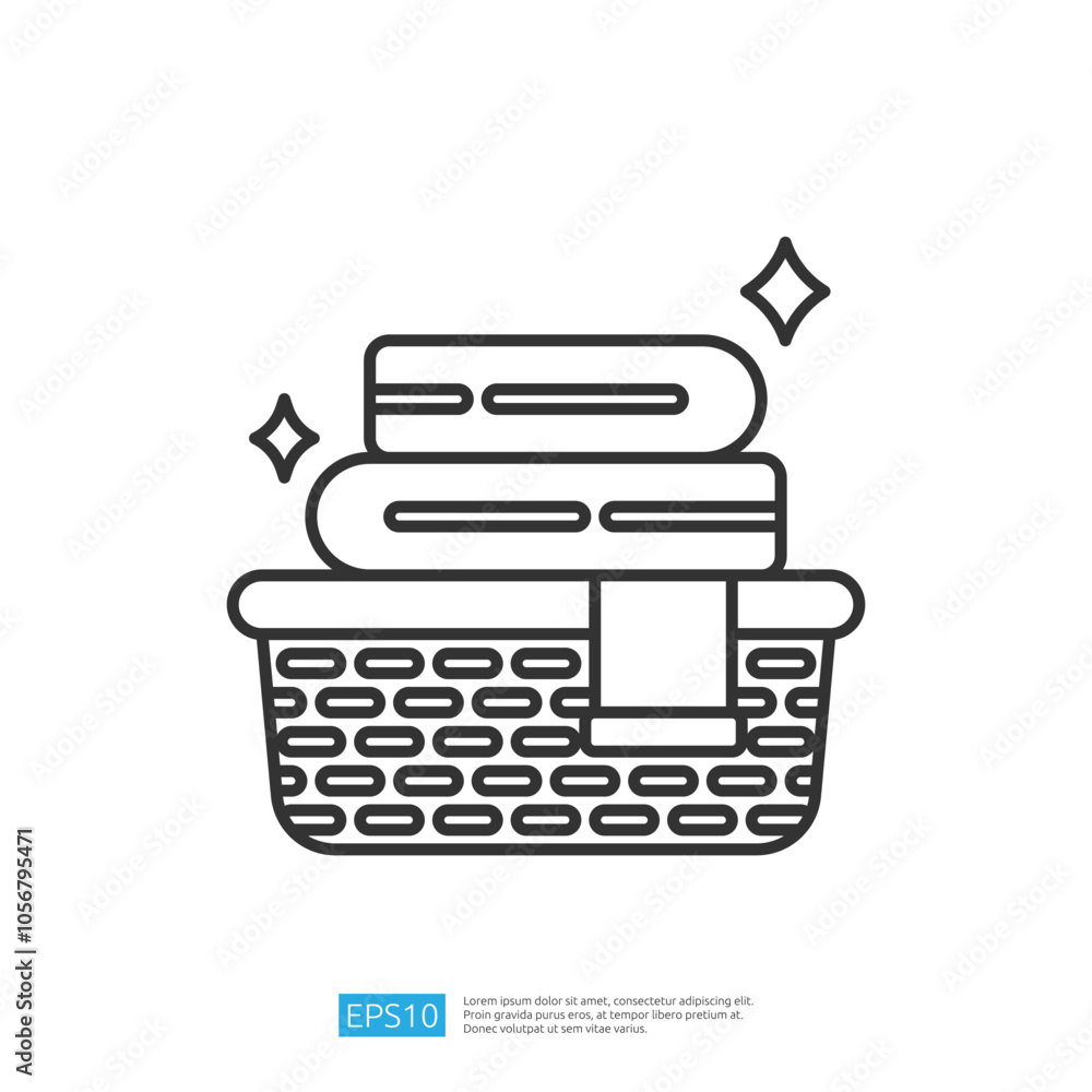 Poster a simple line drawing of a basket filled with neatly folded towels, conveying a sense of cleanliness