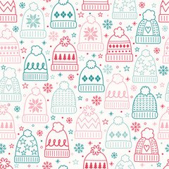 Cute hand drawn winter hat background. Design of a Christmas seamless pattern. Vector illustration