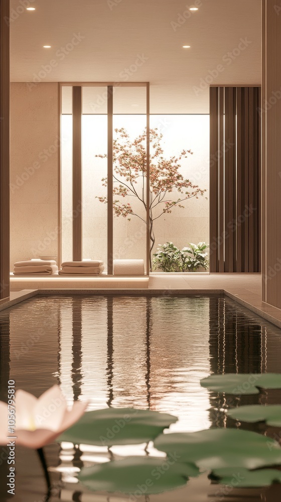 Poster a large, clean pool with a tree in the middle and a few plants around it. the pool is surrounded by 