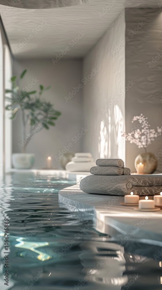 Poster a spa with a pool and a stone wall. the pool is filled with water and has a few candles floating on 