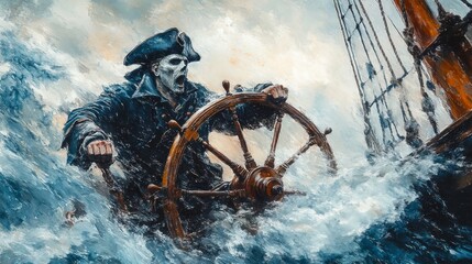 A Ghastly Pirate Captain Helms a Ship Through a Stormy Sea