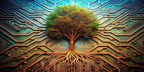 A tree, a symbol of growth and nature, stands tall amidst a complex network of intricate circuitry, symbolizing the convergence of technology and the natural world.