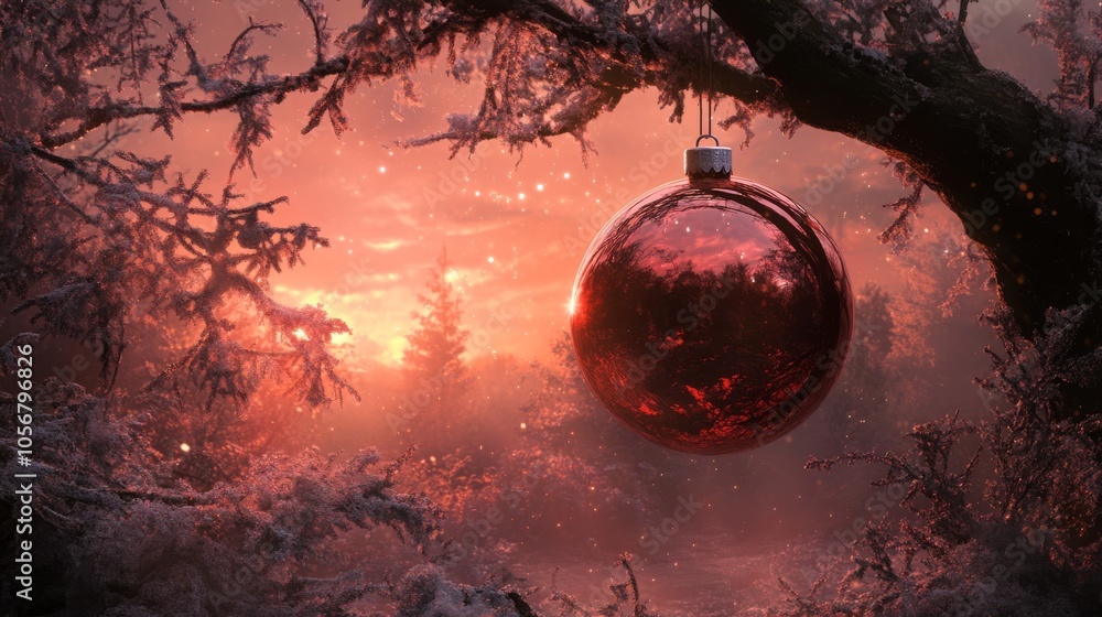 Poster a red christmas ornament hangs from a tree branch. the scene is set in a forest with snow on the gro