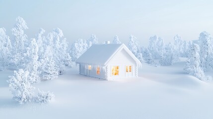 A cozy cabin nestled in a snowy landscape, surrounded by frosted evergreens and sparkling icicles hanging from the eaves. The inviting warm glow from the cabin's windows contrasts beautifully with