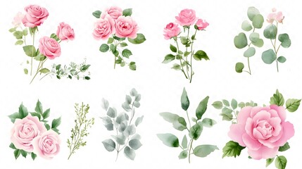 Watercolor Clipart Set of Pink and Green Floral Elements Featuring Roses, Eucalyptus Leaves, and Wildflowers on White Background, in Soft Pastel Colors and Simple Elegant Style, High Resolution