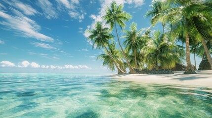 A tranquil tropical paradise featuring clear waters and vibrant palm trees beneath a sunny blue sky