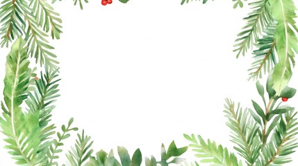 Watercolor Christmas Greenery Wreath with Square White Space Center, Perfect for Holiday Clipart on White Background, Featuring Evergreen Leaves, Berries, and Festive Seasonal Design Elements