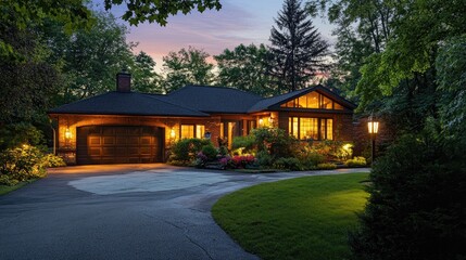 Serene twilight glow enveloping a delightful suburban residence radiating warmth in a tranquil community