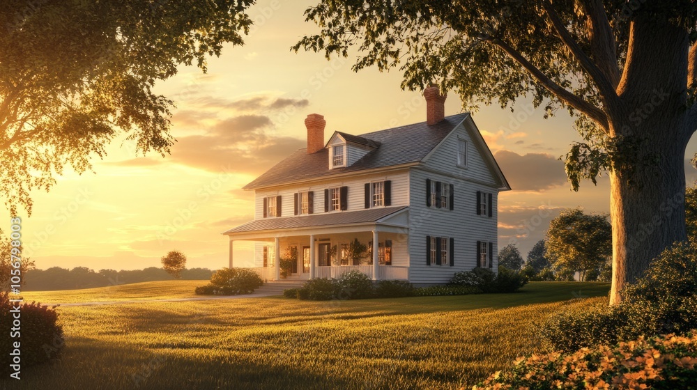Poster a large white house with a porch and a tree in front of it
